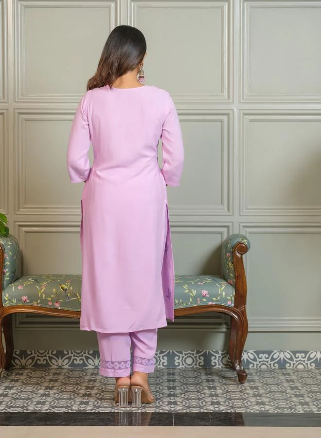 Dw  Women Pink Embroidered Straight Kurta and Trousers Co-Ords for Women | Best Price UAE